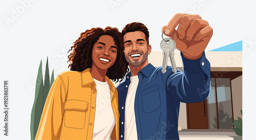 Happy diverse couple holding new house keys celebrating homeownership.