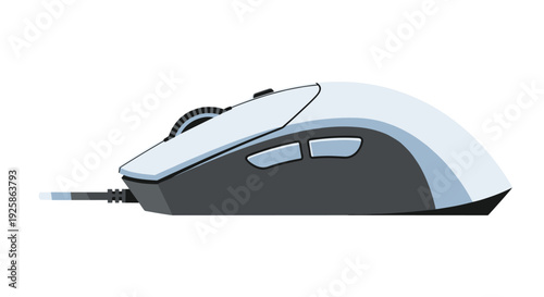 Grey and white wired computer mouse with a black scroll wheel and side buttons, viewed from the side.