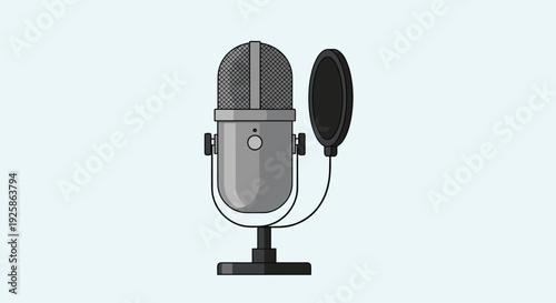 Grey studio microphone with a black pop filter attached on a stand, against a light blue background.