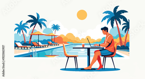 Man working remotely on laptop by a tropical resort pool.