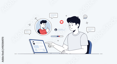 Businessman working on laptop with social media icons