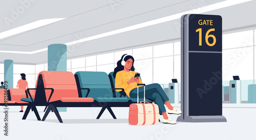 Woman traveler waiting for flight at airport gate.