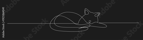 Continuous line drawing of a sleeping cat, minimalist one line art sketch of a curled feline on a black background.
