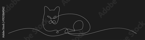 Continuous One Line Drawing of a Lying Cat on a Black Background
