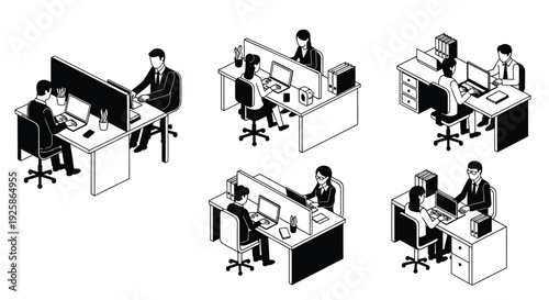 Office workspace icon set. Includes people working at desks, computer, monitor, office furniture. Created in line style with black and white palette