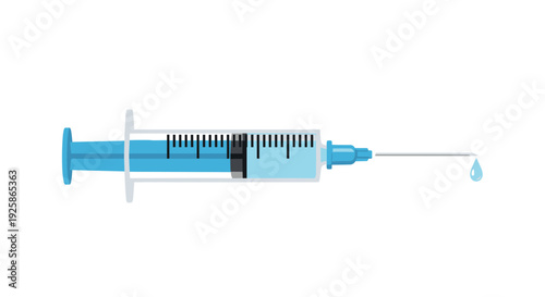 A close-up view of a medical syringe filled with blue liquid, with a clear drop hanging from the sharp needle tip.
