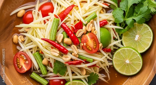 Spicy green papaya salad with peanuts, tomatoes, chili, and lime in a wooden bowl