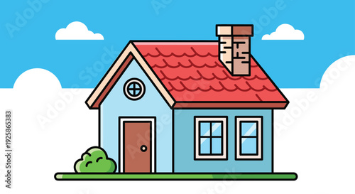 A charming cartoon-style house with a red tiled roof, a brown door, and two windows sits beneath a bright blue sky with fluffy white clouds.