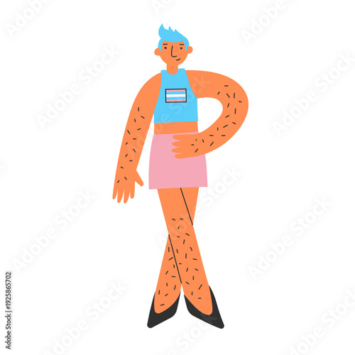 Modern androgynous transgender character mtf in skirt with trans flag colors in minimal flat style. Gender expression, individuality, confidence and self-acceptance concept. Diversity and inclusion.