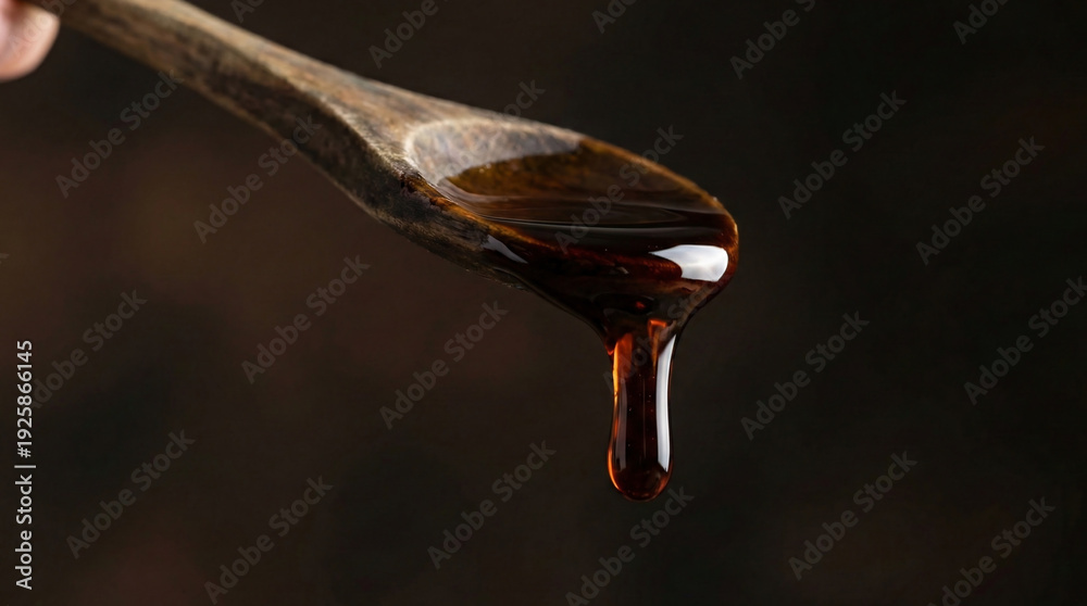 Fototapeta premium 25-year aged traditional balsamic vinegar coating a rustic wooden spoon