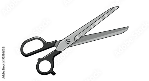 Open black-handled scissors displaying shiny silver blades with faint gray stripes on a clean white background.