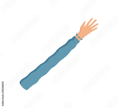 Open human hand in cartoon graphic style. Open arm with extended fingers upward, representing gesture and symbol of action. Bright flat design, diverse artistic element, colorful abstract concept,