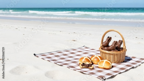 Wide shot of pristine white sand Australian beach picnic featuring checkered blanket, chocolate bunnies, and half-eaten hot cross buns.