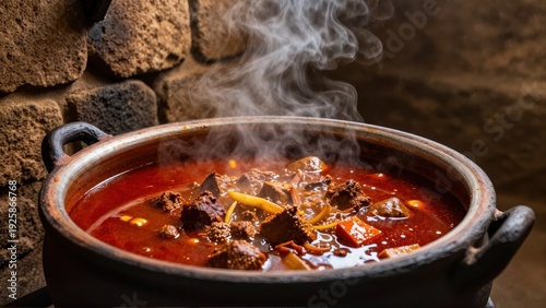Warm, lowlit traditional Ethiopian kitchen scene featuring a large clay pot bubbling with rich, deep-red Doro Wat stew, aromatic steam catching the light