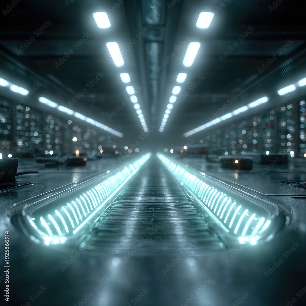 Fototapeta premium Glowing corridor, blue lights streak to distant darkness