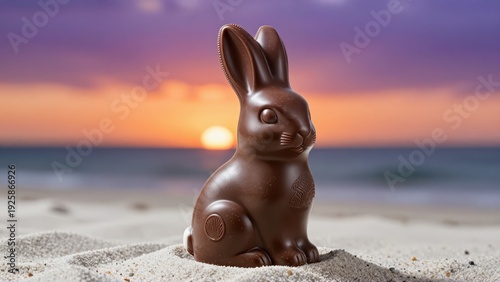Ultradetailed texture of a molded dark chocolate bunny figurine standing on white sand against a blazing orange and purple Australian beach sunset