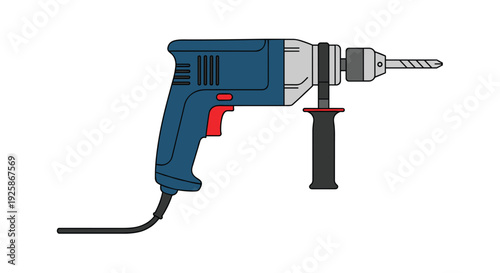 Corded power drill, blue and gray, with a drill bit and an auxiliary handle for precision work.