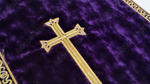 Hyperdetailed textile study of heavy, deep violet velvet covering the Epitaphios, featuring intricate gold thread embroidery depicting Orthodox crosses
