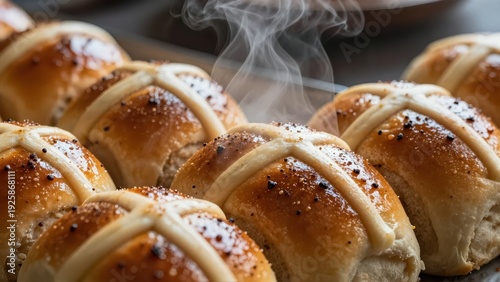 Extreme closeup texture study of spiced, glossy cross pattern on steaming hot cross bun, emphasizing dark sugar glaze and rising steam, deep chiaroscuro.