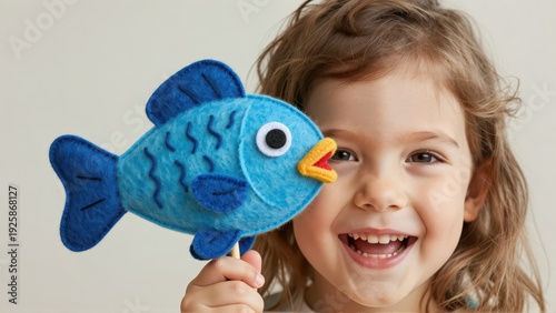 Extreme closeup portrait of a delighted young French child with messy hair holding a comically oversized, floppy, handmade felt fish puppet