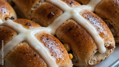 Extreme closeup on the heavily glazed, spiced surface of a single hot cross bun, highlighting the texture of the fruit and the deep brown crust, soft
