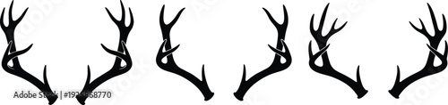 Collection of black deer antler silhouettes, rustic hunting trophies, buck horns icon set, wildlife nature design elements, isolated reindeer antlers vector, forest animal