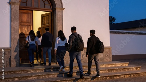 A line of churchgoers exiting heavy wooden doors of a mission church at deep dusk, casting long shadows on worn stone steps in fading daylight.
