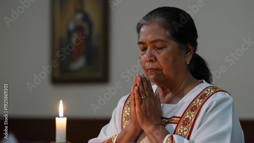 Deeply Contemplative Middleaged Filipina Woman with Hands Clasped in Prayer, Illuminated by Single Candle, Wearing Traditional Catholic Attire