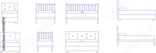 Architectural CAD block set of various bed designs, featuring front and side elevations of single and double beds with different headboard styles for interior bedroom planning.