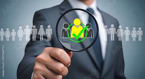 A businessman in a suit holds a magnifying glass over a group of abstract people, highlighting the perfect candidate with a green checkmark.
