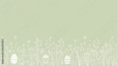 Easter eggs in white floral pattern on green background flowers