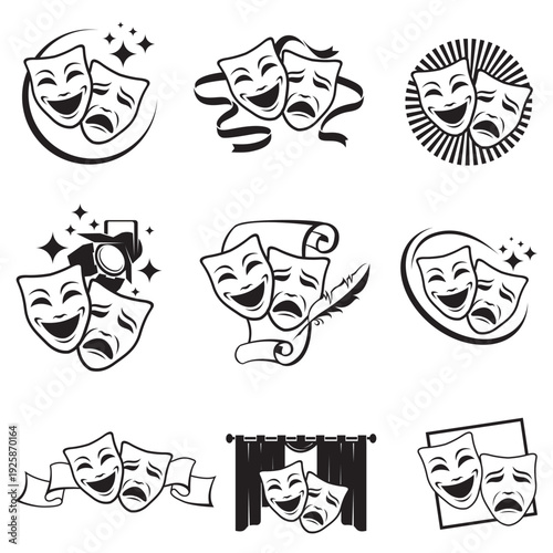 collection of comedy and tragedy theatrical masks isolated on white background