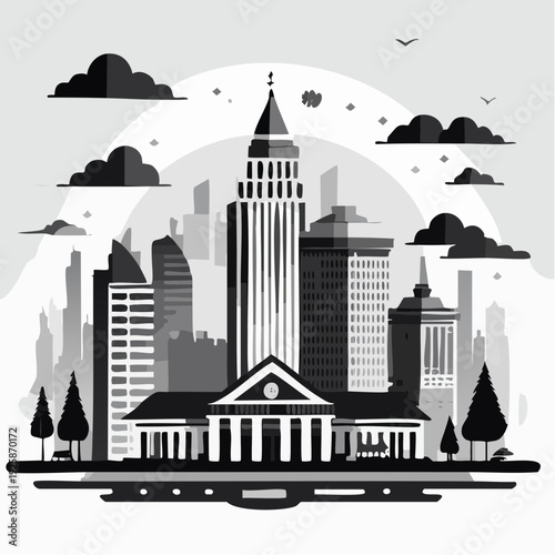 Illustration de quartier d’affaires avec gratte‑ciels modernes, noir et blanc