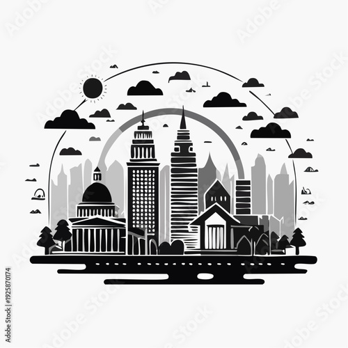 Illustration de quartier d’affaires avec gratte‑ciels modernes, noir et blanc