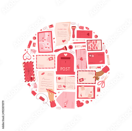 Love mail heart envelope flat cartoon graphic style. Card, message, postcard and box in a circle composition. Postcard letter envelope concept for romantic correspondence, creative holiday greeting,