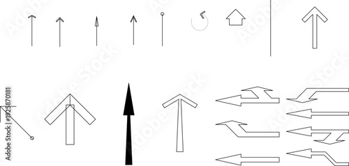 A diverse collection of architectural and graphic arrow symbols, featuring various styles such as minimalist lines, bold geometric pointers, and multi-directional navigational indicators.