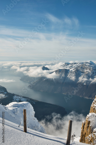 Frozen alpine lake with mountain panorama, Stoos Switzerland