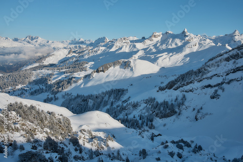 Wide panoramic view of snow covered Swiss Alps, Stoos