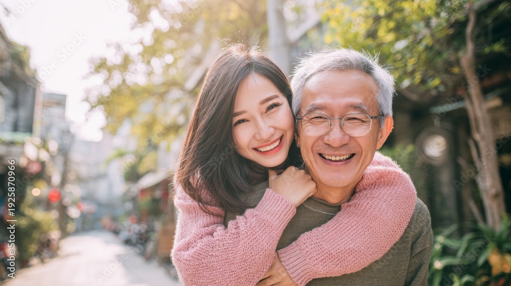Fototapeta premium Young woman hugs older man with joy while walking in a sunny street during the day