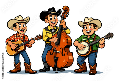 American country musicians with acoustic instruments. Cartoon style isolated illustration.