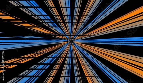 Fotografía Abstract perspective tunnel with blue and orange light streaks converging to van