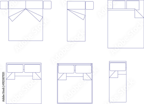 Architectural CAD blocks featuring a collection of bed layouts in top view (plan), including single and double beds with pillows and nightstands for interior space planning.