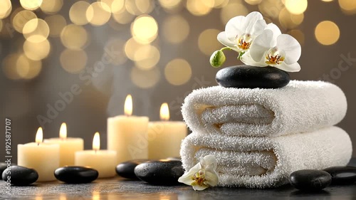 Still life with candles, towels, orchids, and black stones against a bokeh background