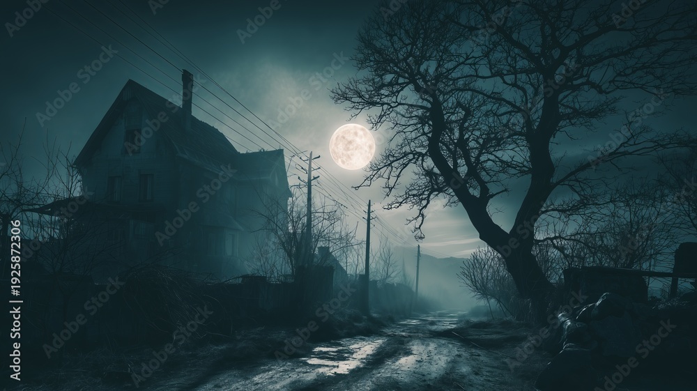 Fototapeta premium A moonlit, fog-drenched house stands eerie beside a gnarled tree—haunting and desolate. The gothic scene evokes suspense, isolation, and classic horror atmosphere.