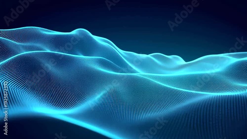 A digital landscape, a glowing blue abstract illustration of undulating, dotted lines on a dark background