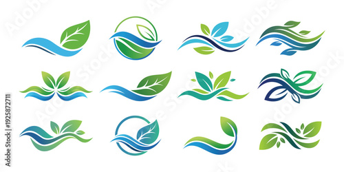  wave and leaf logo design vector. ocean water icon, symbol, vector, illustration