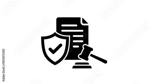 Vector illustration of black icon of legal document with shield and gavel on a transparent background
