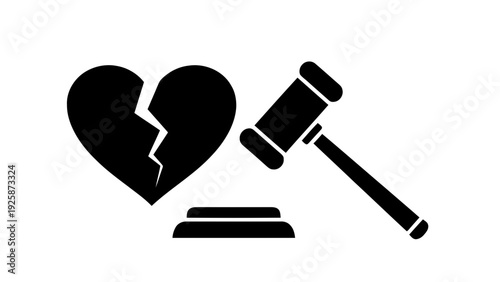 Vector illustration of black silhouette of a broken heart with a gavel on a block on a transparent background