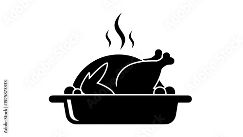 Vector illustration of black silhouette of a roasted turkey in a baking dish with potatoes on a transparent background