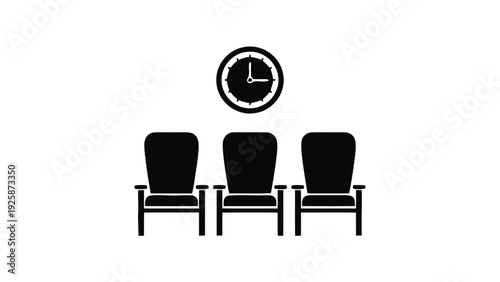 Vector illustration of three black chairs with a clock above them on a on a transparent background